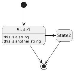 PlantUML Syntax:<br />
@startuml<br />
hide empty description<br />
[*] –> State1<br />
State1 –> [*]<br />
State1 : this is a string<br />
State1 : this is another string</p>
<p>State1 -> State2<br />
State2 –> [*]<br />
@enduml<br />
