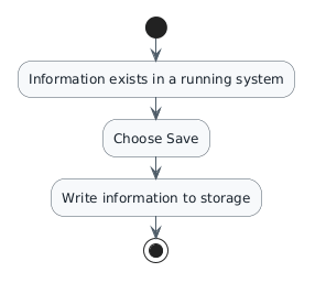 Generic UML activity diagram showing information existing in a running system, a Save action, writing information to storage, and then ending.