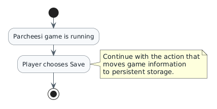 Partial UML activity diagram that starts with Parcheesi game is running, then Player chooses Save, with a note telling the learner to continue with the storage action.