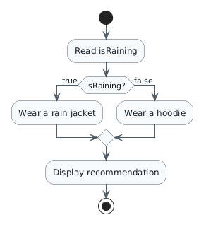 Activity diagram: read isRaining; if true choose a rain jacket, otherwise choose a hoodie; then display the recommendation.